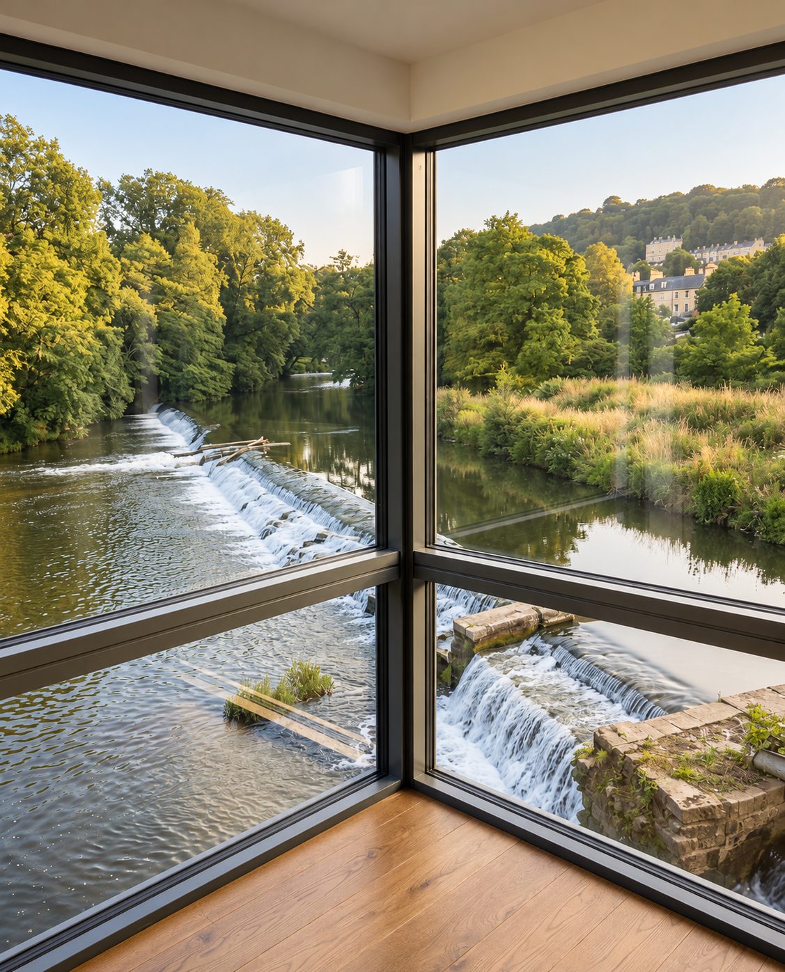 Corner glazing looking down onto the weir and the River Avon.