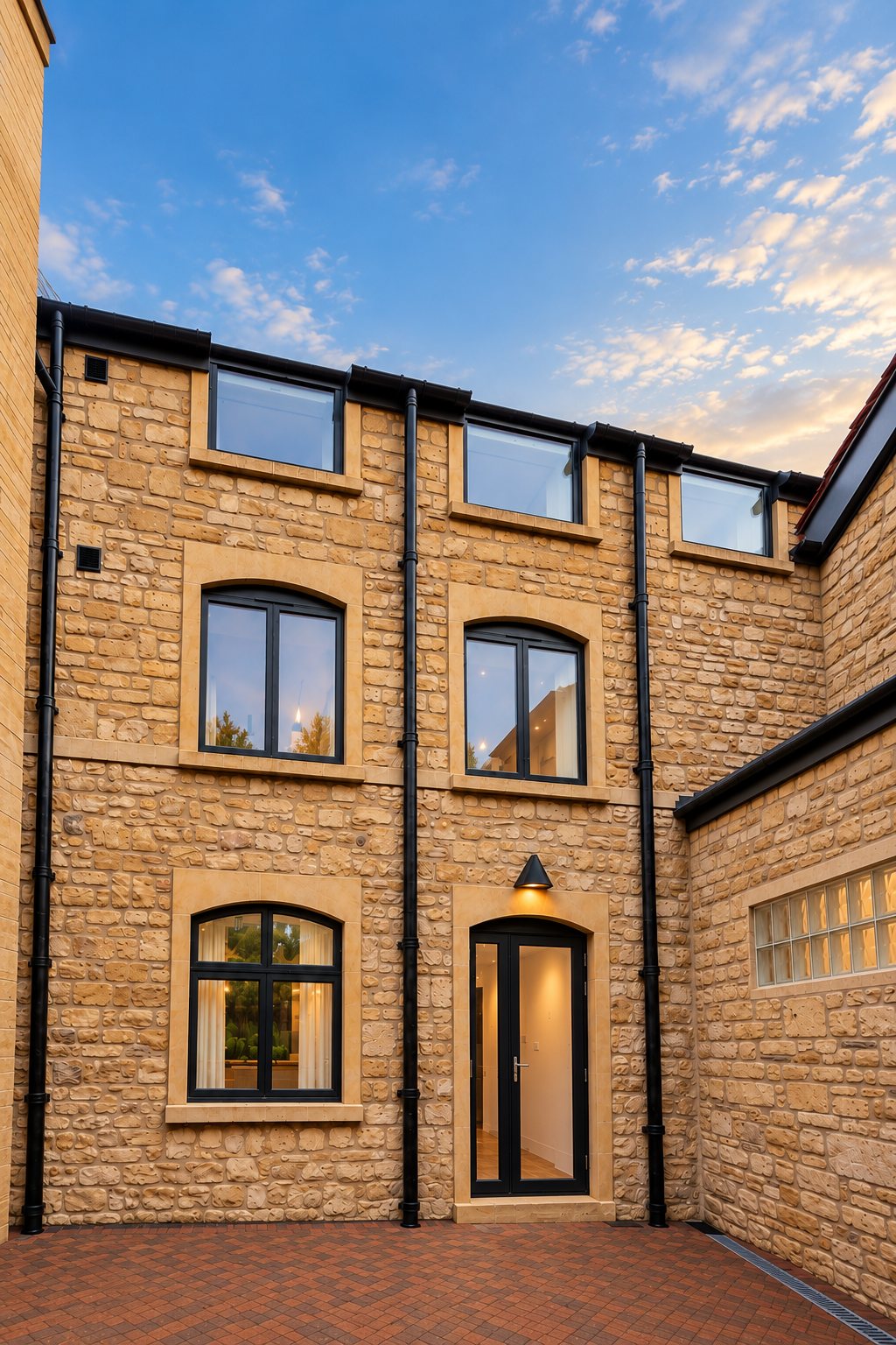 The mill courtyard — Bath stone walls, arched windows and a glazed entrance door.
